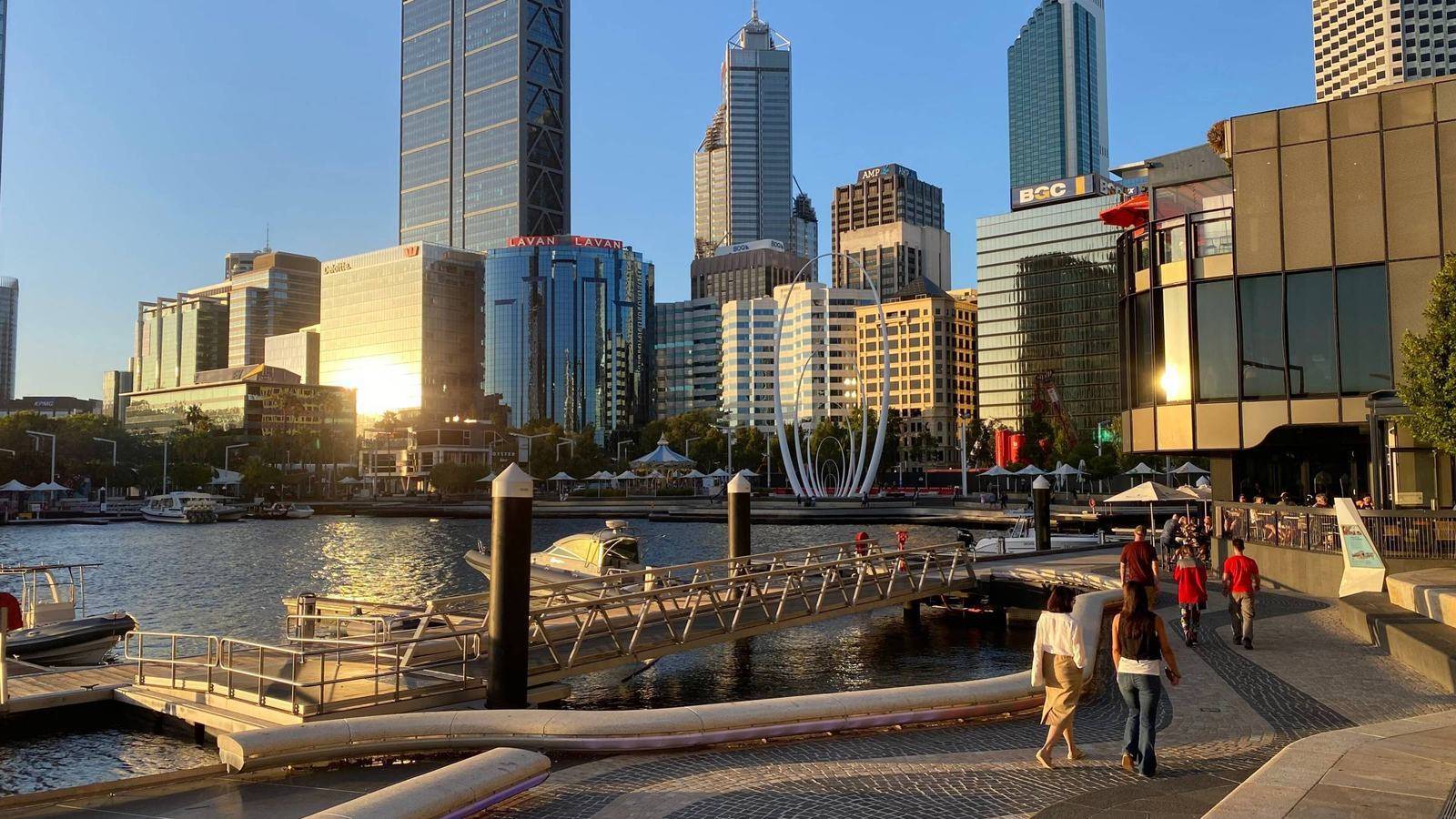 Elizabeth Quay and the Perth skyline at golden hour